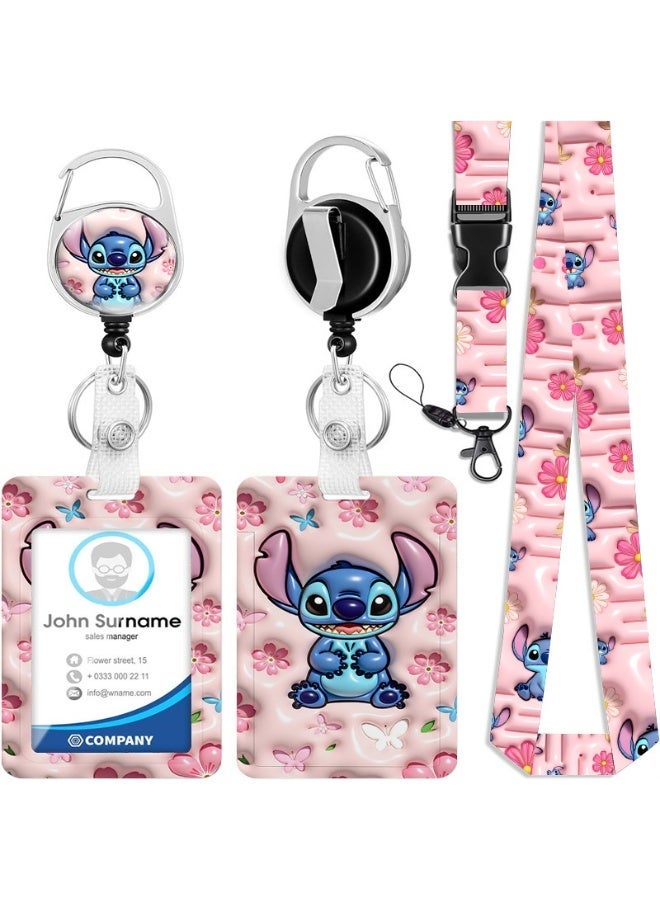 Disney 3-in-1 Disney Pink Cherry Blossom Stitch Logo Plastic ID Holder with Lanyard, Retractable ID Roller, Keychain and Extension Chain - Suitable for workers, students, bus drivers, doctors, nurses, etc. - Image 1